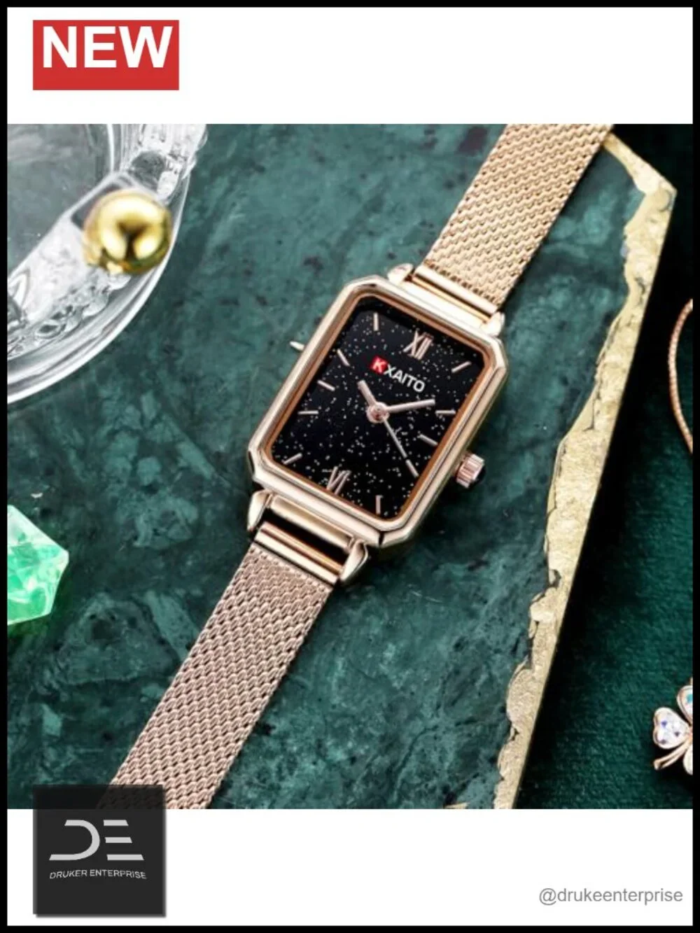 Square Malachite Green Dial Wrist Watch with Leather Band, 3ATM Waterproof